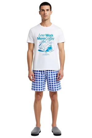Erkek Bisiklet Yaka Kısa Kollu T Shirt Ve Kareli Şort Pijama Takımı Fonksiyonel Dayanıklı Şık