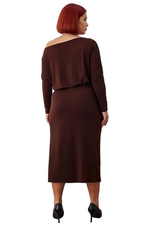 Kadınlar İçin Bodycon Kalıp Asimetrik Yaka Uzun Kol Düz Örme Midi Maxi Elbise Kış Şıklığı Ve Konforu