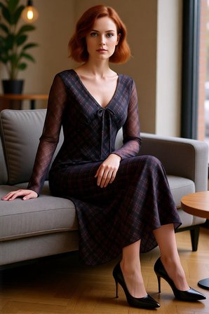 Kadın V Yaka Bodycon Ekose Maxi Elbise Bağlama Detaylı Uzun Kollu Şık Tül Dokulu Kışlık Kombin
