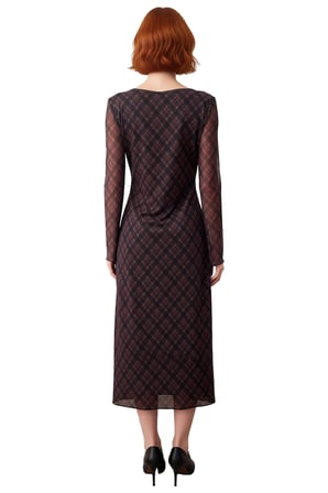 Kadın V Yaka Bodycon Ekose Maxi Elbise Bağlama Detaylı Uzun Kollu Şık Tül Dokulu Kışlık Kombin