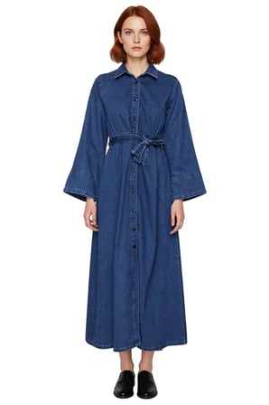Kadın Kuşaklı Maxi Boy %100 Pamuk Denim Gömlek Elbise Uzun Melek Kol Yaka Casual Stil
