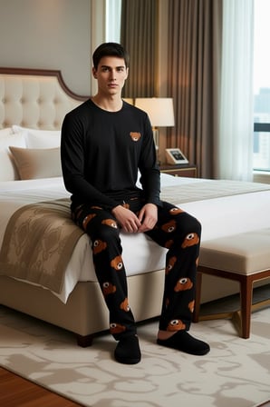 Erkek Ayıcık Baskılı Bisiklet Yaka Pijama Takımı Fonksiyonel Dayanıklı Kaliteli Konforlu Şık