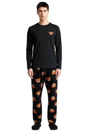 Erkek Ayıcık Baskılı Bisiklet Yaka Pijama Takımı Fonksiyonel Dayanıklı Kaliteli Konforlu Şık