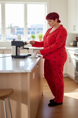 Kadin Kirmizi Kalp Desenli Gömlek Yaka Pijama Takımı Fonksiyonel Dayanıklı Kaliteli Modern