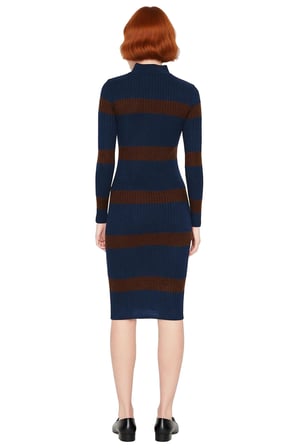 Kadın Triko Çizgili Bodycon Midi Elbise Dik Yaka Uzun Standart Kol Akrilik Rahat Şık Tasarım