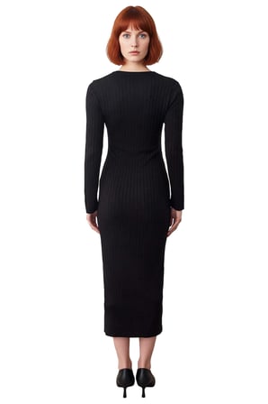 Kadın Bodycon Fitilli Triko Midi Elbise Asimetrik Düğme Detaylı Uzun Kollu Şık ve Konforlu Akrilik