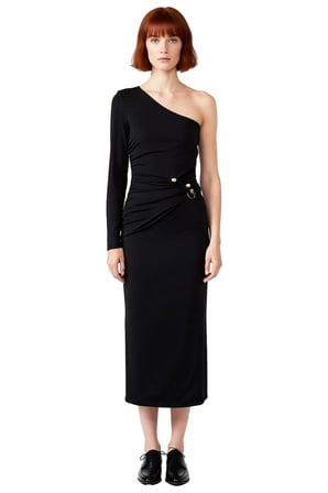Kadın Tek Omuz Bodycon Örme Maxi Elbise Asimetrik Yaka Uzun Kol Aksesuar Detaylı Astarlı Kışlık