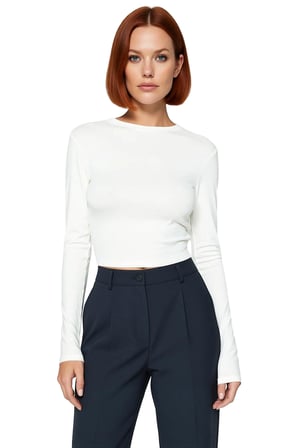 Kadın Pembe Viskon Ribana Dokulu Fitted Bisiklet Yaka Uzun Kollu Crop Bluz Günlük Kullanıma Uygun