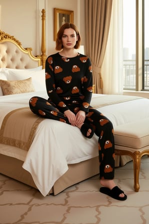 Ayıcık Baskılı Uzun Kollu Pijama Takımı Kadın Fonksiyonel Dayanıklı Kaliteli Konforlu Spor
