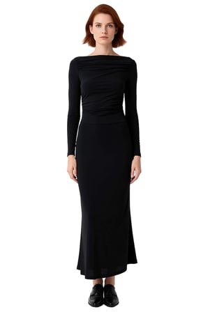 Kadın Kayık Yaka Bodycon Uzun Kollu Midi Elbise Büzgü Detaylı Örme Kumaş Tüm Sezonlar İçin Şık