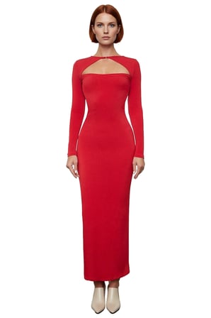 Kadın Bodycon Kesim Uzun Kollu Maxi Elbise Cut Out Detaylı Şık Gece Kokteyl Kıyafeti Kaliteli