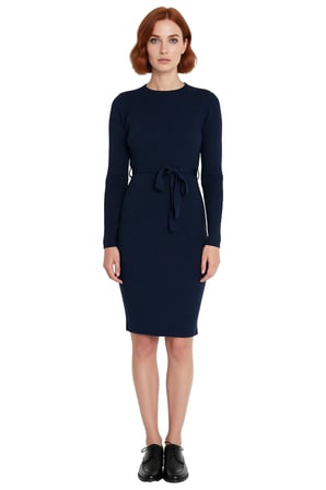 Kadın Kuşaklı Bodycon Triko Midi Elbise Bisiklet Yaka Uzun Standart Kollu Şık İlkbahar Sonbahar