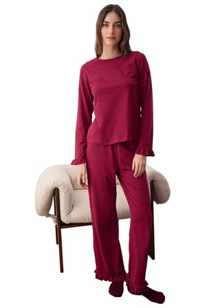 Kadın Fırfırlı Bisiklet Yaka Uzun Kollu Pijama Takımı Fonksiyonel Dayanıklı Kaliteli Rahat