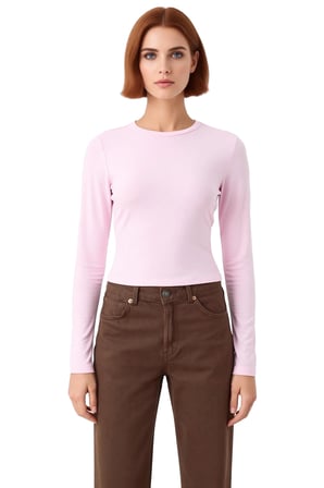 Kadın Pembe Viskon Ribana Dokulu Fitted Bisiklet Yaka Uzun Kollu Crop Bluz Günlük Kullanıma Uygun