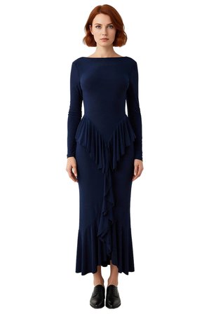 Kadınlar İçin Bodycon Kesim Kayık Yaka Uzun Kollu Volanlı Maxi Şık Gece Elbisesi Özel Davetlere