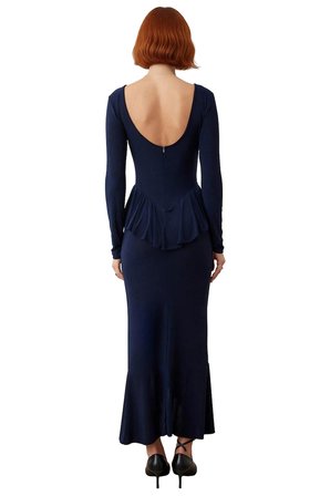 Kadınlar İçin Bodycon Kesim Kayık Yaka Uzun Kollu Volanlı Maxi Şık Gece Elbisesi Özel Davetlere
