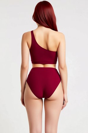 Kadın Bikini Takımı Tek Omuz Üst Kolsuz Yüksek Bel Hipster Alt Balensiz Düz Renk Örme Kumaş Regular