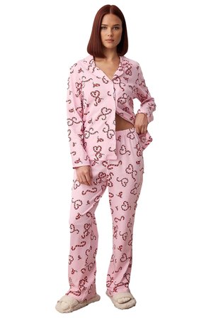 Kadın Kalpli Yılbaşı Desenli Gömlek Yaka Pijama Takımı Fonksiyonel Dayanıklı Kaliteli Spor