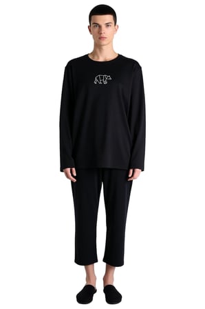 Erkek Nakışlı Bisiklet Yaka Uzun Kollu Pijama Takımı Fonksiyonel Dayanıklı Kaliteli Modern