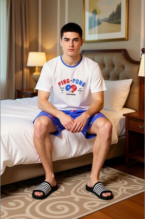 Erkek Ping Pong Temalı Bisiklet Yaka T shirt ve Şort Pijama Takımı Fonksiyonel Dayanıklı Şık