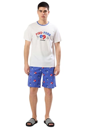 Erkek Ping Pong Temalı Bisiklet Yaka T shirt ve Şort Pijama Takımı Fonksiyonel Dayanıklı Şık