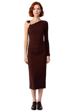 Kadın Asimetrik Yaka Tek Uzun Kollu Bodycon Midi Aksesuar Detaylı Örme Kokteyl Elbisesi Glam
