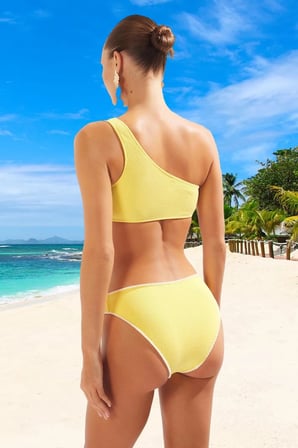 Kadın Bikini Takımı Tek Omuz Kolsuz Balensiz Normal Bel Örme Dokulu Nakış Detaylı Slip Alt