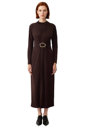 Kadın Dik Yaka Uzun Kollu Sandy Örme Bodycon Maxi Elbise Şık Toka Detaylı Günlük Kombinler İçin