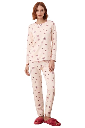 Kadın Pudra Kar Tanesi Desenli Waffle Pijama Takımı Fonksiyonel Dayanıklı Kaliteli Estetik