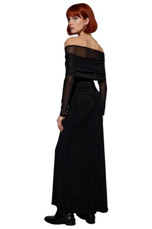 Kadın Siyah Bodycon Kayık Yaka Maxi Uzun Kol Cut Out Detaylı Şık Abiye Elbise Mezuniyet Baloları