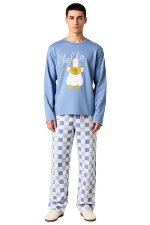 Kadin Uzun Kollu Bisiklet Yaka Ordek Baskılı Pijama Takımı Fonksiyonel Dayanıklı Kaliteli Şık