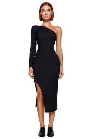 Kadın Bodycon Asimetrik Yaka Uzun Tek Kollu Midi Örme Abiye Elbise Şık Kokteyl Mezuniyet Davetleri