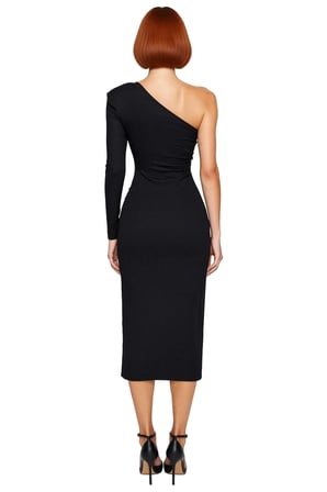 Kadın Bodycon Asimetrik Yaka Uzun Tek Kollu Midi Örme Abiye Elbise Şık Kokteyl Mezuniyet Davetleri