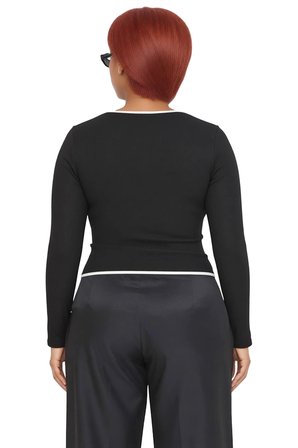 Kadın Fermuarlı Yaka Esnek Örme Bluz Vücuda Oturan Kontrast Biye Detaylı Uzun Kollu Crop Kesim