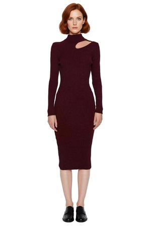 Kadın Bodycon Kesim Midi Uzun Kollu Triko Elbise Dik Yaka Cut Out Detaylı Şık Fitilli Tasarım