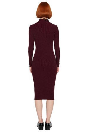 Kadın Bodycon Kesim Midi Uzun Kollu Triko Elbise Dik Yaka Cut Out Detaylı Şık Fitilli Tasarım