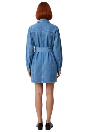 Kadın Ceket Kalıp Kuşaklı Fermuar Detaylı Balon Kol Uzun Kollu Denim Mini Elbise Şık Ve Konforlu