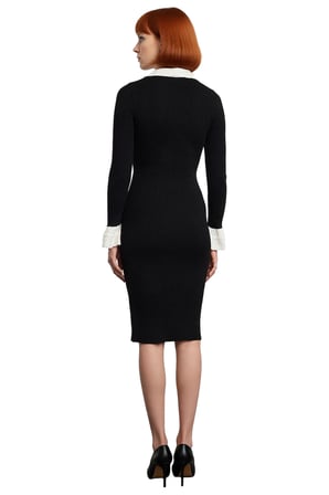 Kadın Bodycon Kesim Bebe Yaka Bağlama Detaylı Midi Boy Uzun Kollu Şık Akrilik Triko Elbise