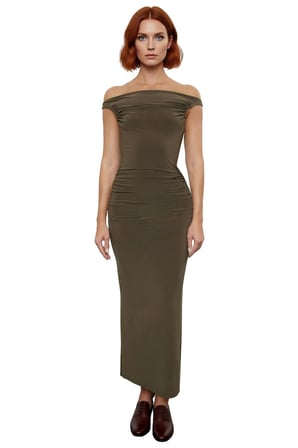 Kadın Haki Carmen Yaka Bodycon Maxi Elbise Özel Davetler İçin Şık Ve Modern Tasarım Fashion Forward