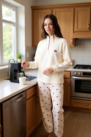 Kadın Kiraz Desenli Waffle Fermuarlı Pijama Takımı Fonksiyonel Dayanıklı Kaliteli Konforlu