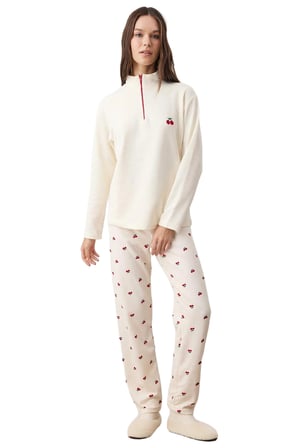 Kadın Kiraz Desenli Waffle Fermuarlı Pijama Takımı Fonksiyonel Dayanıklı Kaliteli Konforlu