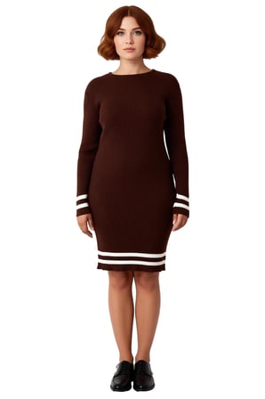 Kadın Bodycon Kesim Fitilli Triko Kazak Elbise Çizgili Detaylı Bisiklet Yaka Uzun Kollu Stil