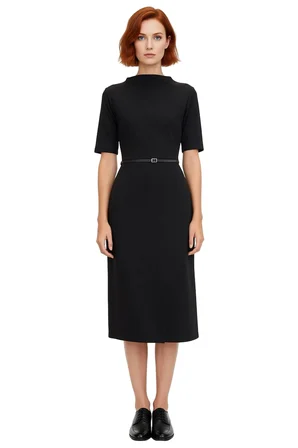 Kadın Siyah Bodycon Midi Elbise Dik Yaka Truvakar Kol Kemerli Smart Tasarım Örme Kumaş Detaylı