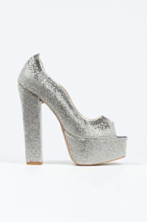 Kadın Moda Şık Gümüş Sultan Taşlı Klasik Köşe Kalıplı Kalın Düğün Nişan Gece Abiye Ayakkabı