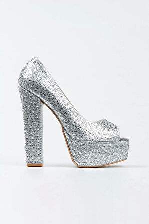 Kadın Moda Şık Gümüş Sultan Taşlı Klasik Köşe Kalıplı Kalın Düğün Nişan Gece Abiye Ayakkabı