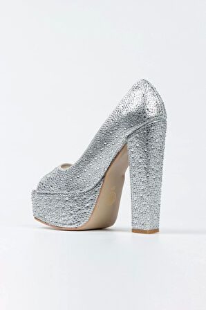 Kadın Moda Şık Gümüş Sultan Taşlı Klasik Köşe Kalıplı Kalın Düğün Nişan Gece Abiye Ayakkabı