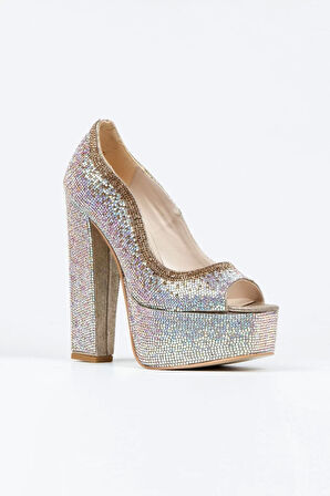 Kadın Moda Gold Sultan Çift Renk Taşlı Klasik Köşe Kalıplı Kalın Düğün Nişan Gece Abiye Ayakkabı