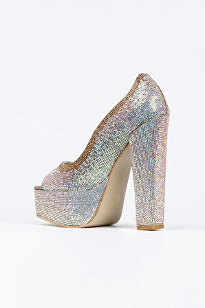 Kadın Moda Gold Sultan Çift Renk Taşlı Klasik Köşe Kalıplı Kalın Düğün Nişan Gece Abiye Ayakkabı