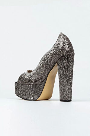 Kadın Moda Gold Sultan Çift Renk Taşlı Klasik Köşe Kalıplı Kalın Düğün Nişan Gece Abiye Ayakkabı