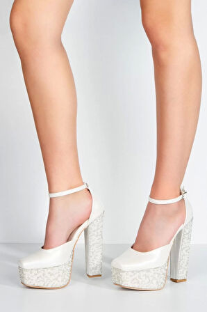 Kadın Moda Şık Cilt Ökçe Poli Inci Taşlı Klasik Köşe Kalıplı Kalın Düğün Nişan Gece Abiye Ayakkabı